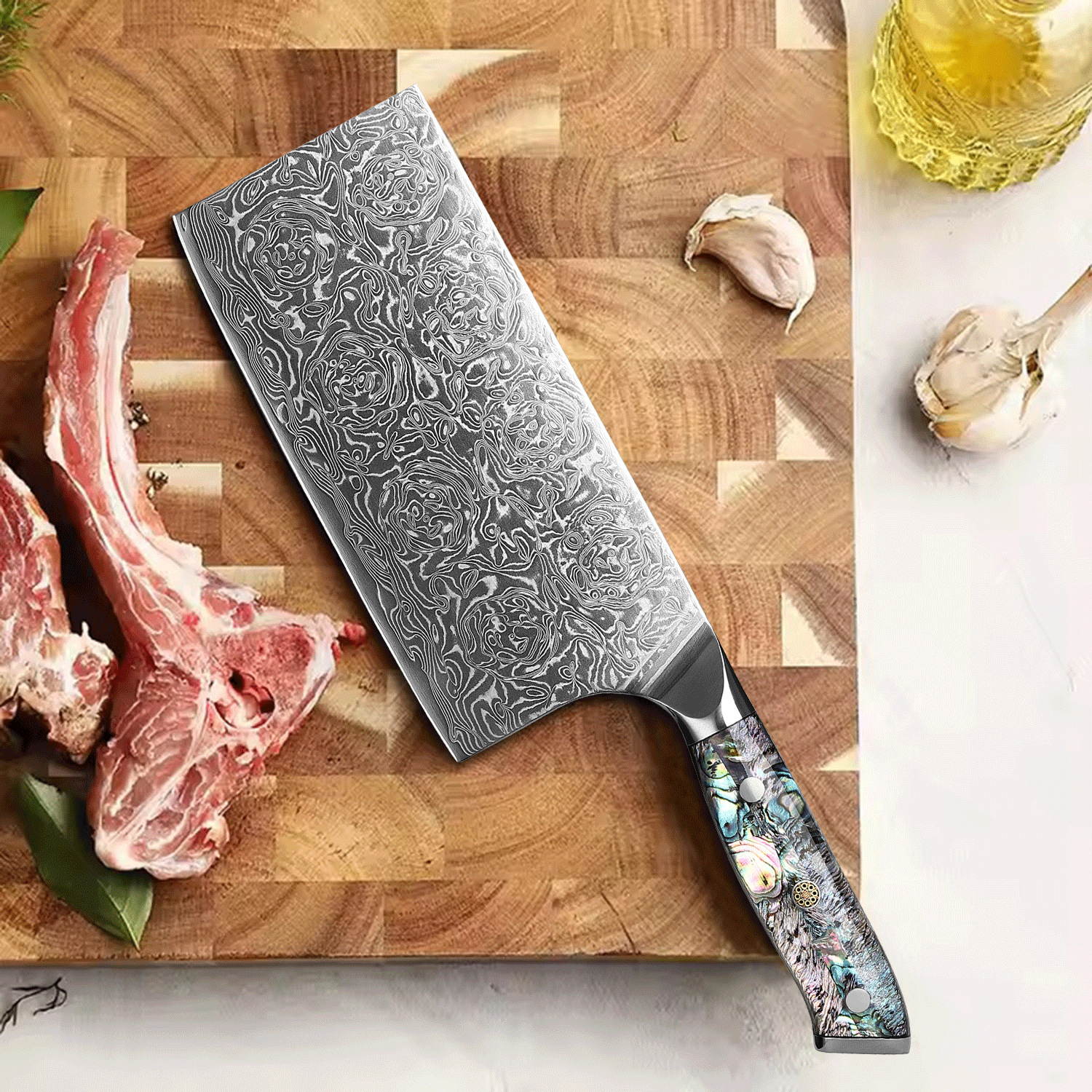 鲍贝壳手柄大马士革菜刀玫瑰纹&羽毛纹家用切肉切菜刀电商热销