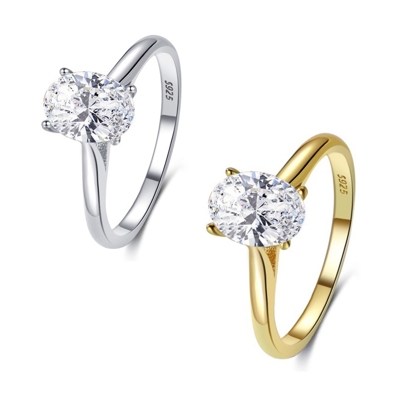 European and American Style Fashion S925 Sterling Silver Inlaid Oval Zircon Ring Women's Engagement Ring Simple Women's Ring Wholesale