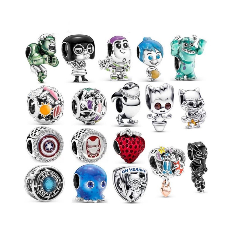 Panjia Duo S925 Silver Shield Iron Man Black Panther Hulk Pixar Strawberry Octopus Bracelet DIY Beads