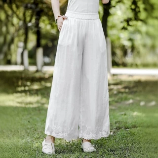 夏季新款裤脚刺绣松紧腰宽松显瘦苎麻双层裤直筒花边文艺长裤女