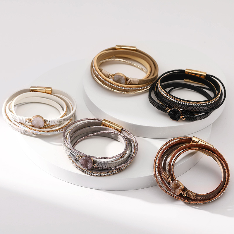 Layered, Inlay Design Ethnic Style Simple Style Round Pu Leather Layered Inlay Artificial Crystal Women's Bangle