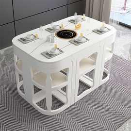 岩板餐桌实木餐桌椅组合隐藏式餐桌饭桌现代简约家用餐桌网红桌-