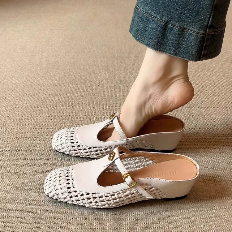 2025 весна и лето новый ретро плетеный полый багажник полубуксирный Т-образный ремень для обуви Мэри Джейн