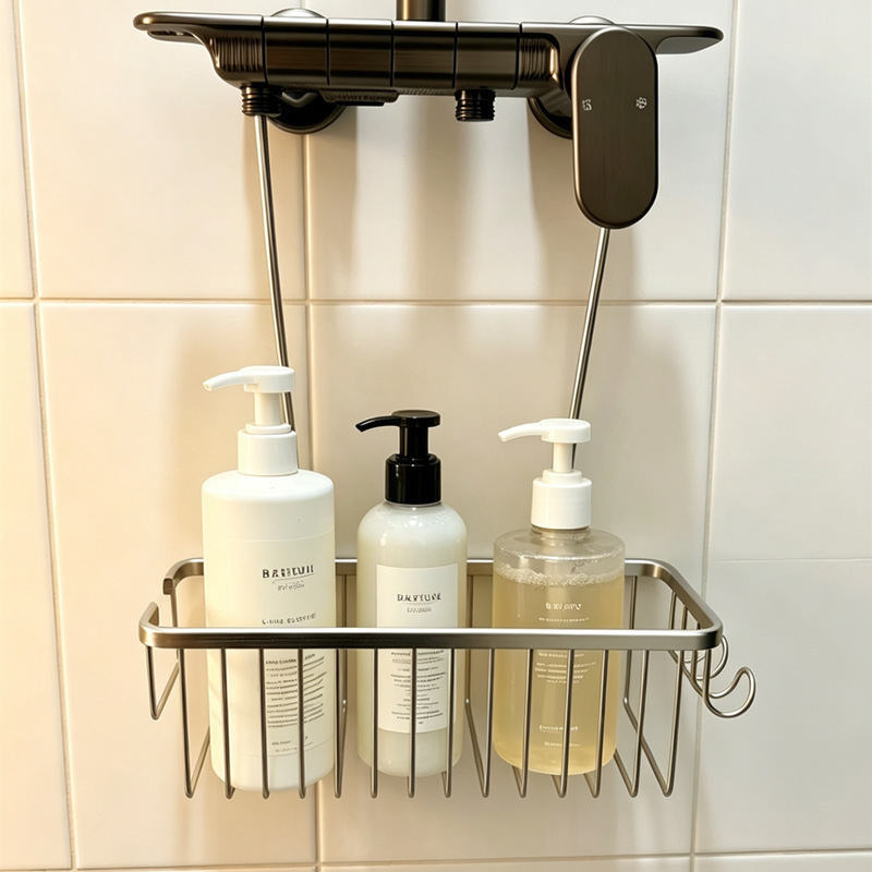 Bathroom Shower Rack with Hanging Basket for Shower Gel, No-Drill Hollow Design Shampoo Storage Rack for Shower Screen and Faucet Bathroom Shower Rack with Hanging Basket for Shower Gel, No-Drill Hollow Design Shampoo Storage Rack for Shower Screen and Faucet