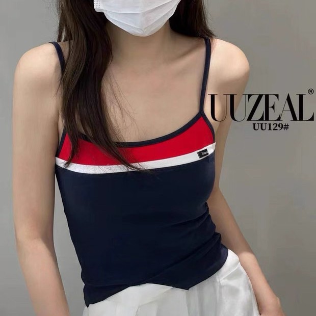 uuzeal2025 新しい夏スタイルのコントラストカラーデザイン多用途薄いストラップワンライン襟胸パッド一体型ボトムキャミソール|undefined