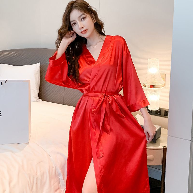 Camisón de otoño e invierno, dama de honor de seda de hielo femenino, bata de la mañana, bata de baño sexy, estilo de hotel, servicio a domicilio suelto de gran tamaño para damas