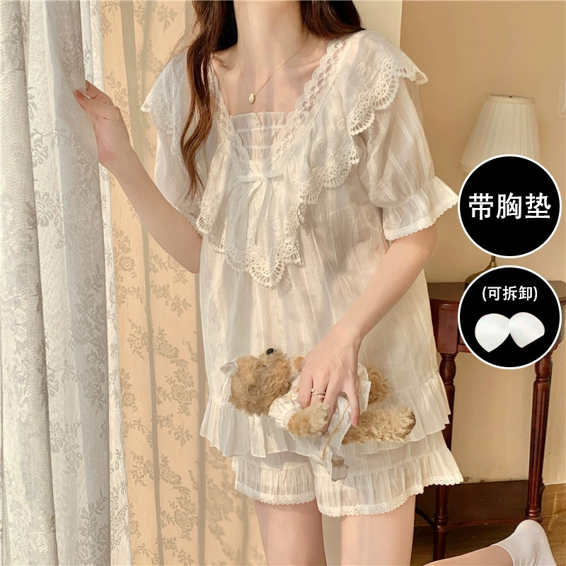Live South Korea Ins Pajamas Women's Pure Cotton Summer French Style Retro Court Style Ruffled Short-sleeved Home Clothes suit