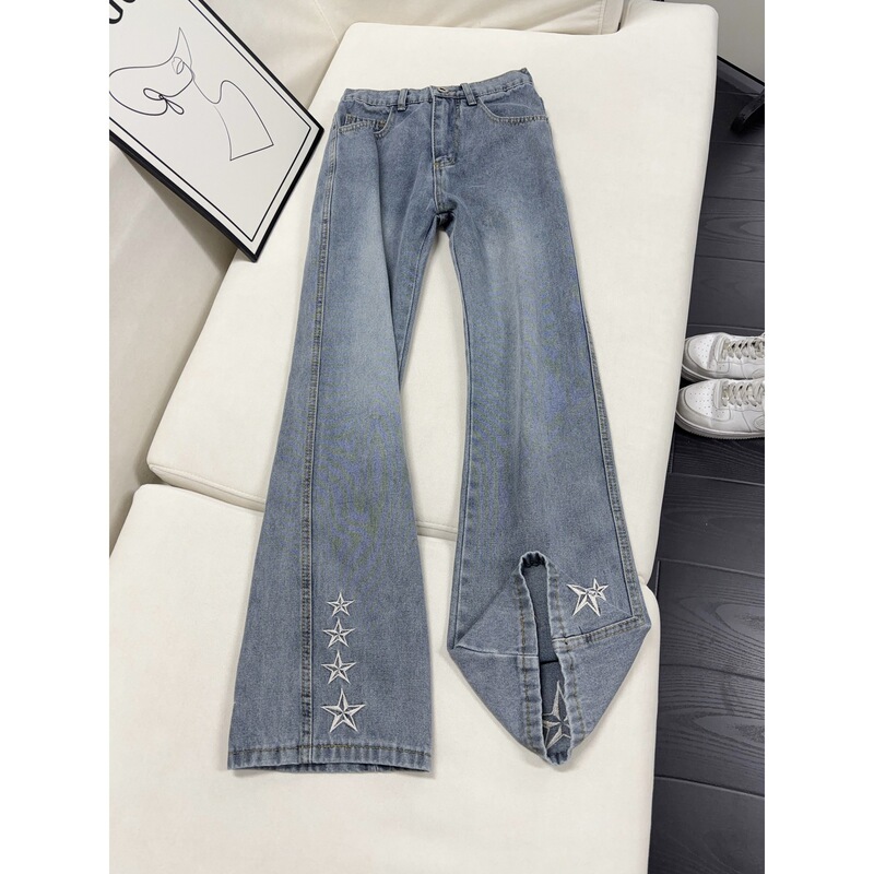 Five-pointed star design flared jeans for men, straight loose fit, washed gradient boyfriend style American wide-leg pants Five-pointed star design flared jeans for men, straight loose fit, washed gradient boyfriend style American wide-leg pants