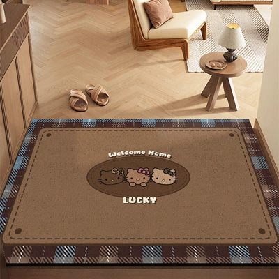 Avtomobil döşəmə paspasları — Entrance Door Mat, Wear-Resistant, Dust-Removing - brown-plaid-row-hello-kitty-head-4060cm-silk-circle