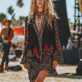 独立站2025跨境欧美风新款春秋长袖V领复古民族风印花连衣裙女