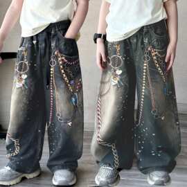 儿童爵士舞服装女童夏装表演服嘻哈工装裤炸街时尚街舞做旧直筒裤