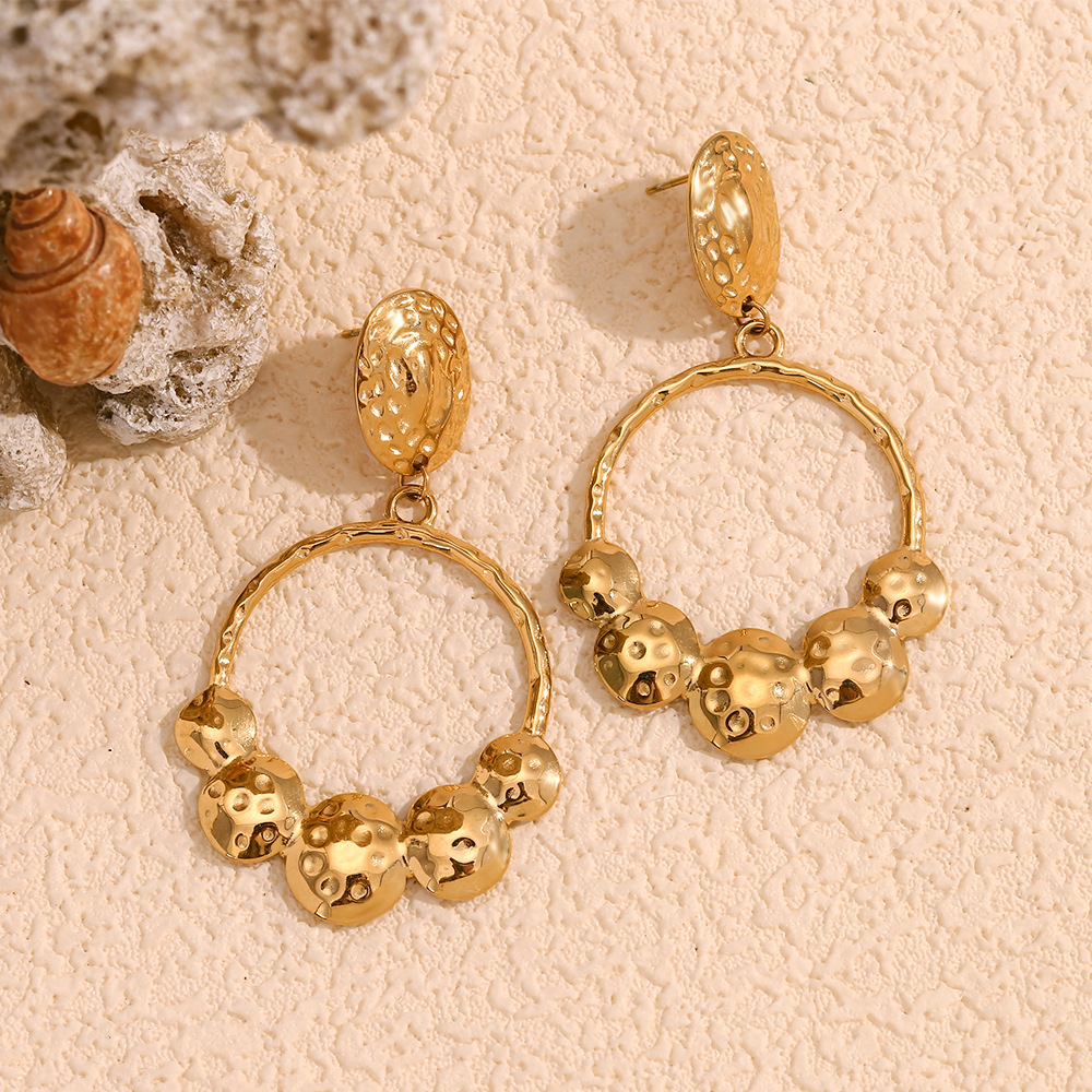 Hammer Grain Round Stainless Steel Pendant Earrings