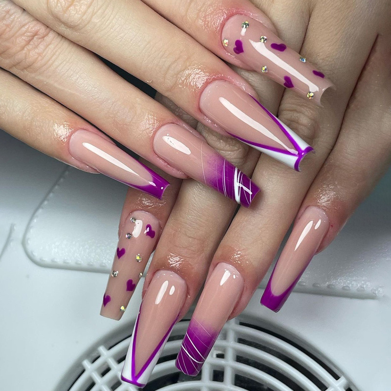 Wear a coffin long purple French style with white lines love rhinestone nail piece press on nails