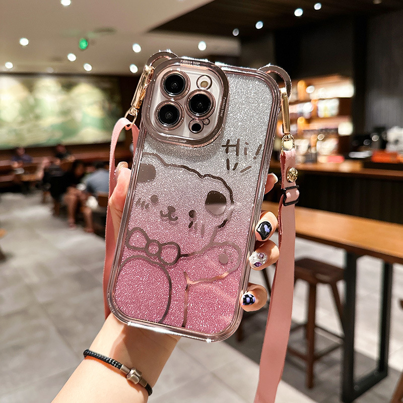 Suitable for Apple 15 mobile phone case 13promax new crossbody lanyard iphone12 glitter bear cute 11 silicone 14