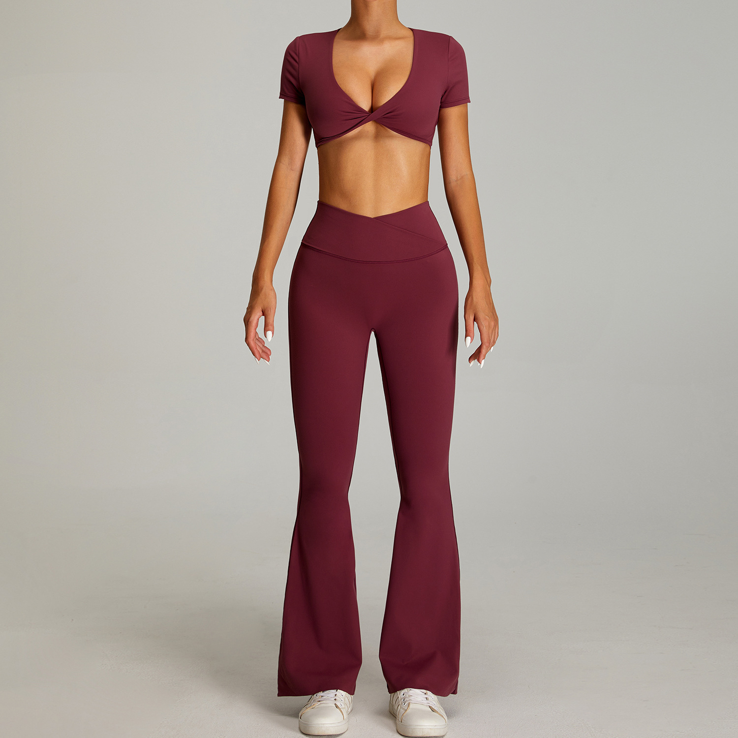 Traje de ropa de yoga desnuda de cintura alta cruzada transfronteriza, ropa de fitness ajustada de secado rápido para mujer, traje de carrera para deportes al aire libre