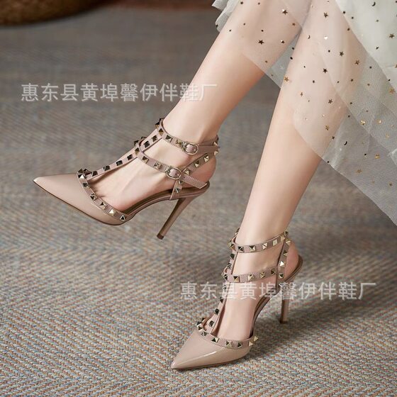 Sandals Women's 2025 New Summer Fashion All-match Shallow Top Women's Shoes Pointed Stiletto Heel Rivet High Heels