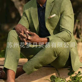 亚马逊外贸男士西装亚麻夏季新款宴会复古西服套装气质绅士礼服