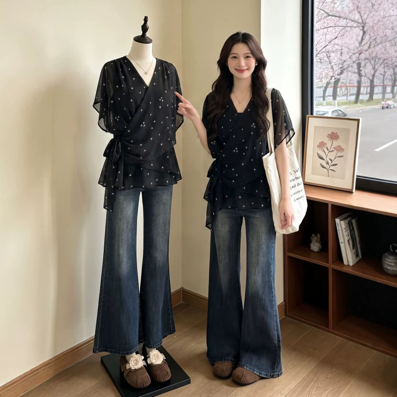 Black Polka Dot V-Neck Chiffon Shirt for Women 2026 Summer New Style Plus-Size Tie-Waist Stylish Age-Reducing Top A11939 Black Polka Dot V-Neck Chiffon Shirt for Women 2026 Summer New Style Plus-Size Tie-Waist Stylish Age-Reducing Top A11939