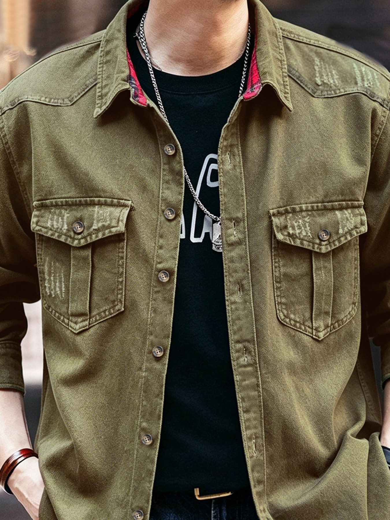Men's Vintage Loose Fit Work Shirt, Spring Casual Plaid Long Sleeve Shirt For Big & Tall, Military Green_viptrois.com