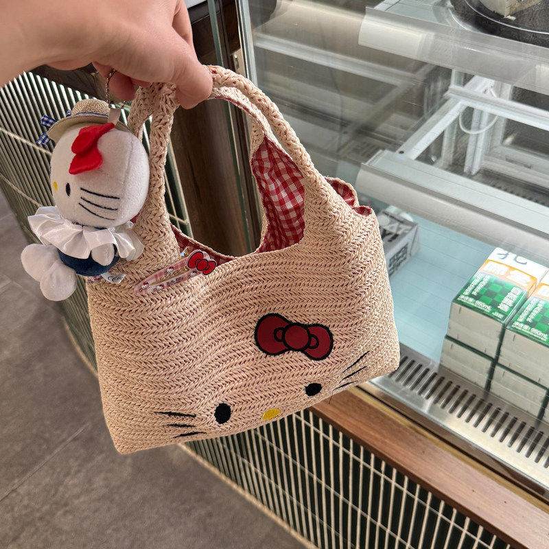 Cute Cat-Themed Straw Woven Handbag for Women, Summer Daily Versatile Tote for Going Out, Work, and Storing Miscellaneous Items