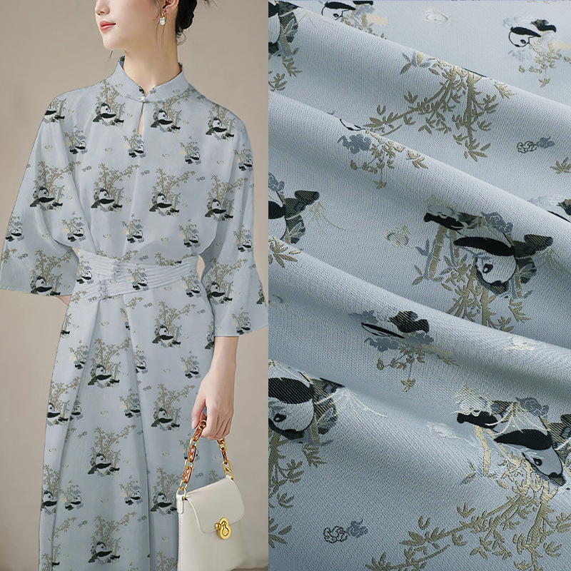 《玉竹熊猫纹》中国风家居服睡衣新中式提花服装布料衬衫旗袍面料