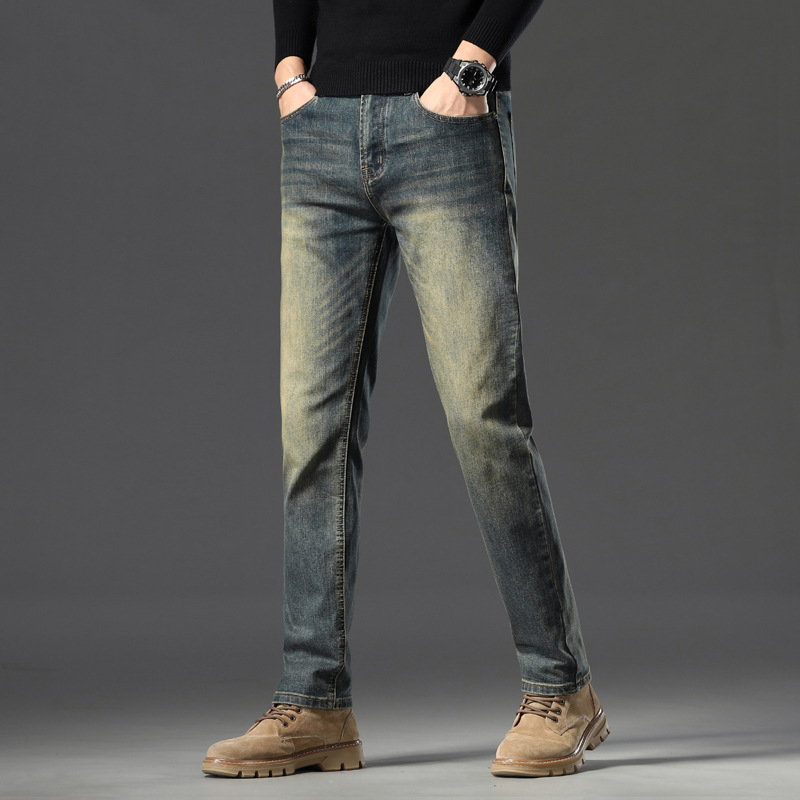 Pantalones vaqueros simples de los hombres rectos de otoño e invierno gruesos pantalones casuales de los hombres de la marca de moda retro estiramiento Delgado pantalones largos de los hombres
