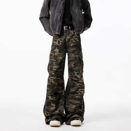 迷彩裤子男春季新款美式潮牌hiphop褶皱宽松阔腿微喇工装长裤牛仔
