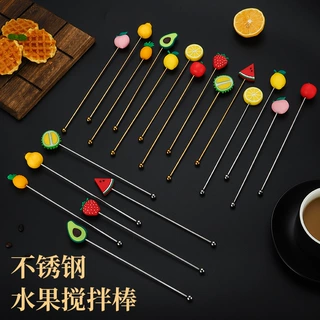 跨境304不锈钢硅胶水果搅拌棒 创意长柄酒吧鸡尾酒搅拌勺调酒棒
