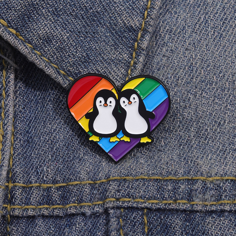 Penguin, Rainbow, Heart Shape Pattern Cute Pin Penguin Rainbow Heart Shape Alloy Stoving Varnish Unisex Brooches