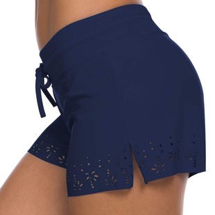 Yilin 2023 New Swim Trunks European and American Women's Conservative Cut Flower Solid Color Tether Swim Trunks Bikini