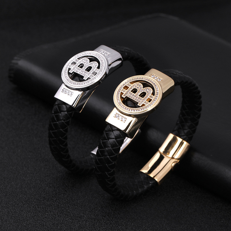 Genuine Leather Braided Leather Titanium Steel Bracelet Men's Trendy Stainless Steel White Gold Diamond-Encrusted B-Shaped Letter Cowhide Bracelet