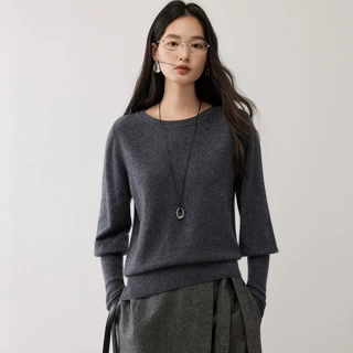 轻熟简约风一字领蝙蝠袖羊绒针织衫女秋冬款内搭显瘦羊毛外穿毛衣