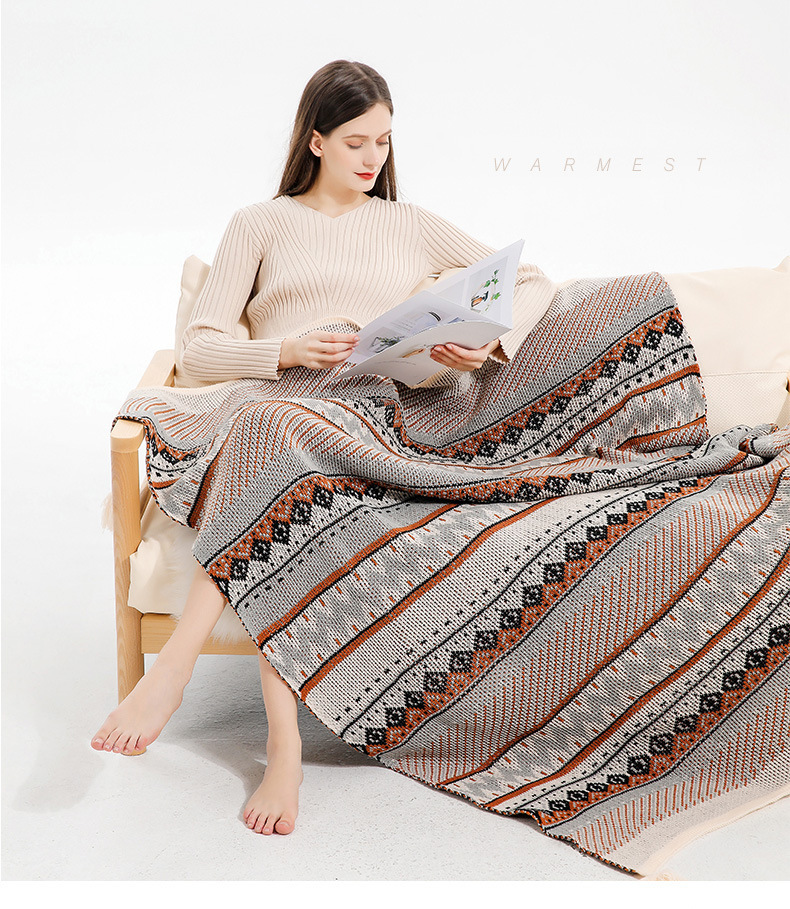 Bohemian sofa cover wool knitted ethnic style wave air conditioning blanket, tassel nap blanket_voghion.com
