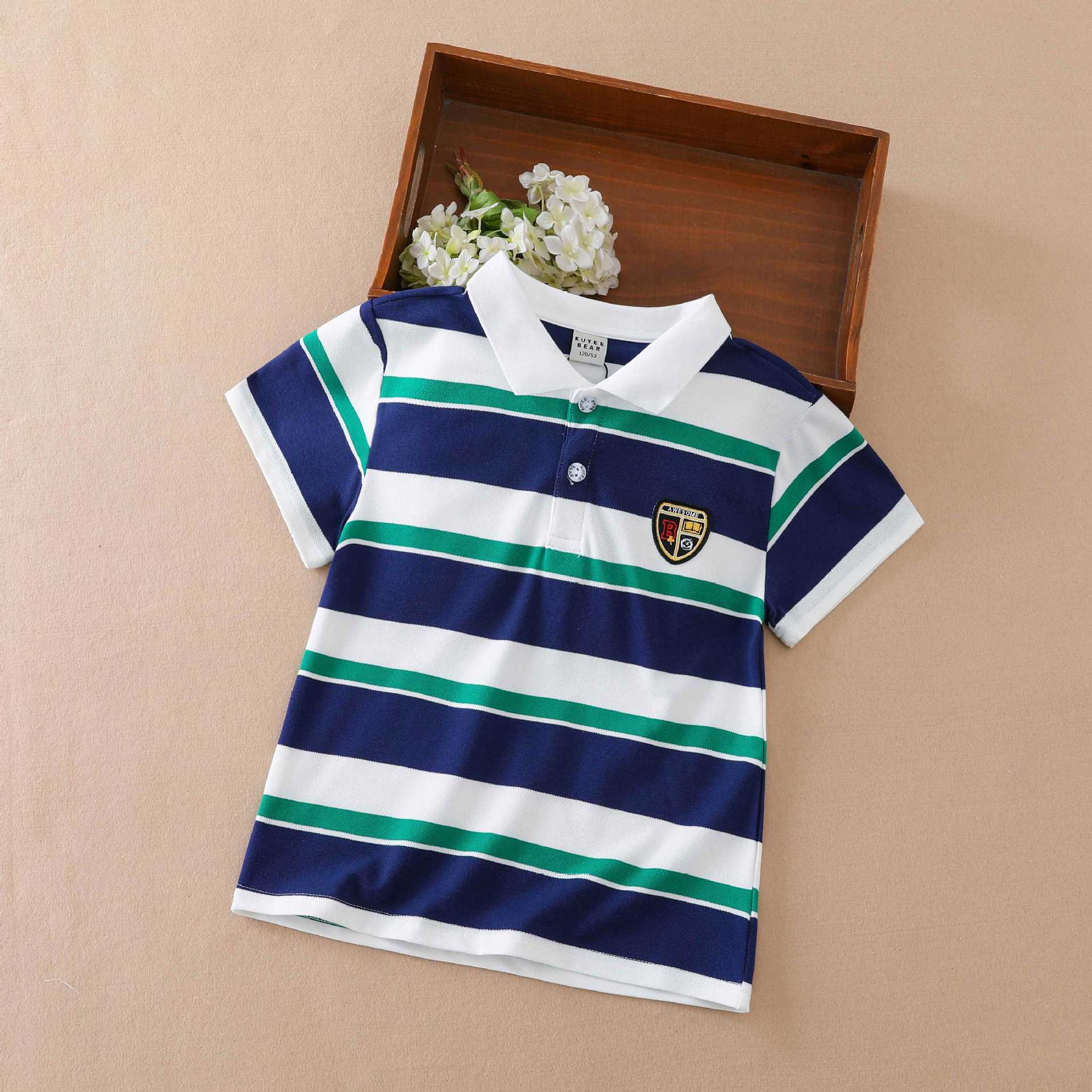 Boys' striped polo shirt, 2026 summer children's preppy style short-sleeved collared casual T-shirt for medium and large children.