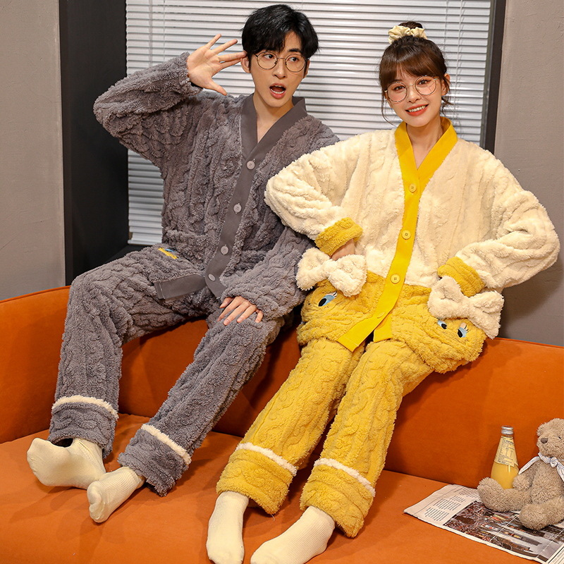 Coral polar pareja pijamas de invierno de las mujeres de manga larga kimono japonés con cuello en V estilo coreano de dibujos animados lindo traje de homewear de los hombres
