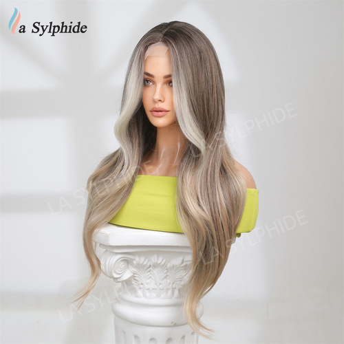 Wigs Amazon export hot sale synthetic frontal lace brown gradient long straight hair for women