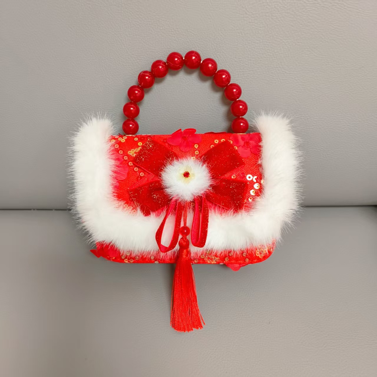 Gran bolso portátil de perla roja, cadena de arco, bolso cuadrado, bolso de Año Nuevo para chicas, bolso de Año Nuevo, viento fragante