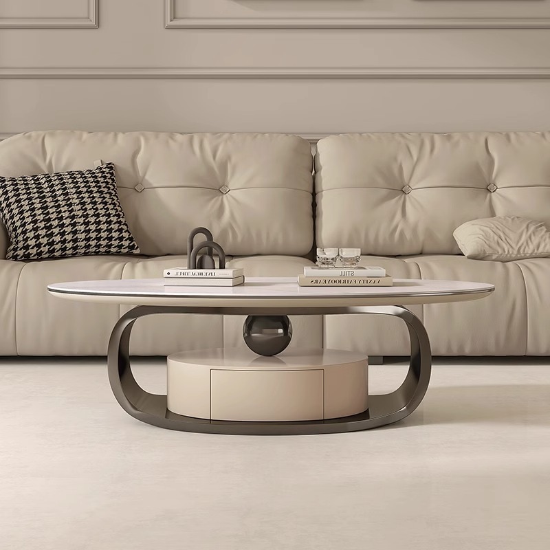 Italian New Style Coffee Table Table Modern Simple Home Living Room Small Apartment Light Luxury Stainless Steel Oval Rock Plate Coffee Table