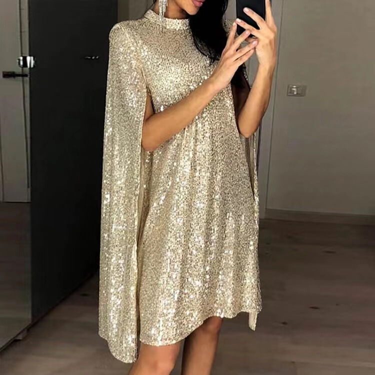 European and American Foreign trade new women's sequined long sleeve slit dress Amazon small stand collar dress cape skirt