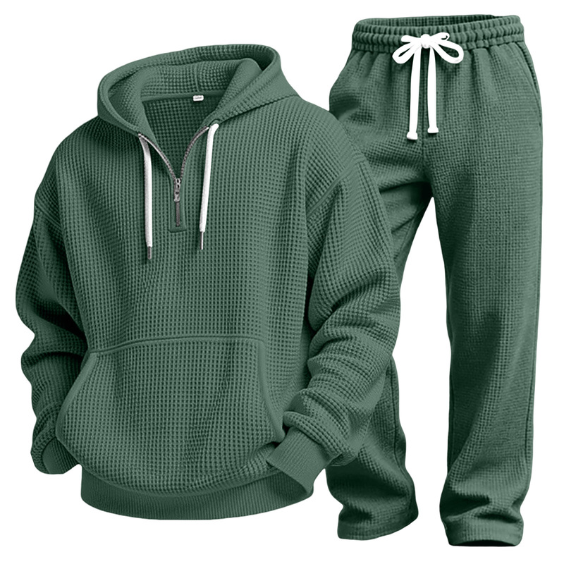Cross-Border European and American New Waffle Solid Color Long-Sleeve Long Pants Two-Piece Sports Simple Versatile Casual Men's Suit