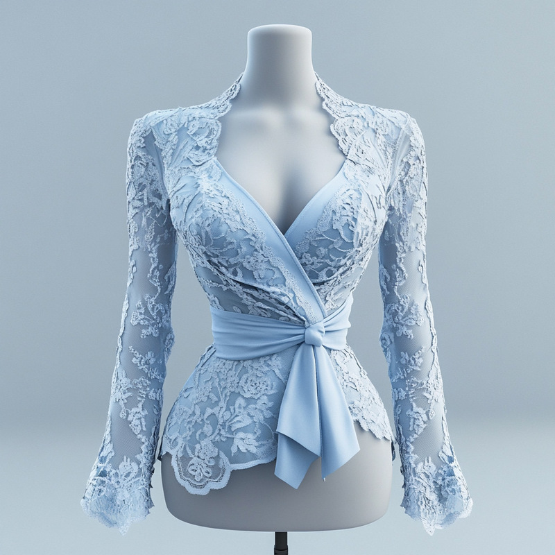 Cross-Border Fashion Women's Elegant Lace Wrap V-Neck Long-Sleeve Shirt with Irregular Hem