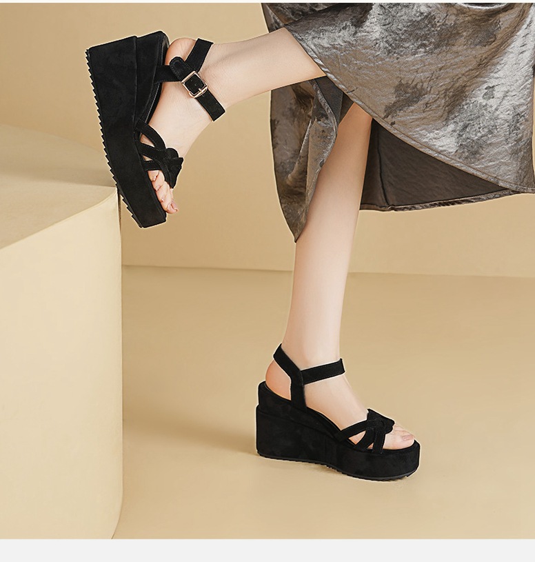 Sandal cao gót nữ hở mũi quai một chữ khóa, đế dày 10 cm, chất liệu da cừu lật dệt — đen chi tiết 1