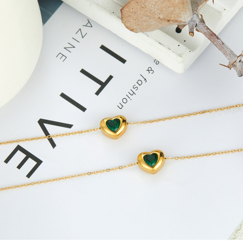 Japanese Style Heart Shape Titanium Steel Gold Plated Zircon Necklace 1 Piece