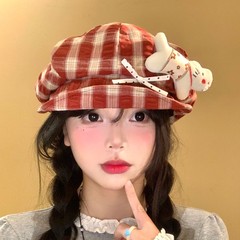 可爱小猫蝴蝶结格纹贝雷帽女显脸小翻檐八角帽大头围报童画家帽子
