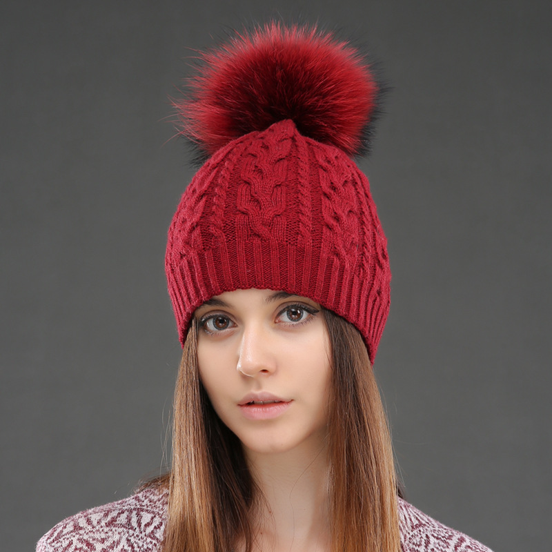 Cappello da donna in lana a doppio strato invernale caldo Fried Dough Twists lavorato a maglia pullover con vero cane procione cappello di lana_voghion.com
