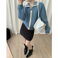 设计感双拉链撞色慵懒宽松针织开衫女秋冬季复古高级感毛衣外套潮