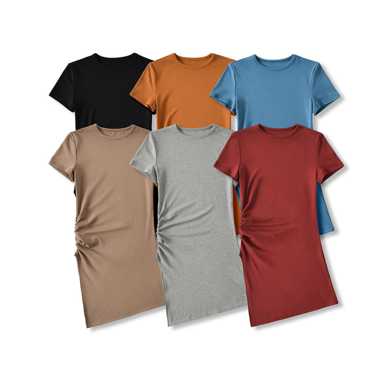 Summer Sexy Hot Girl Pure Desire Style Small Round Neck Short-Sleeved Elastic Tight Bottoming t Pleated Tight Mid-Length Side Slit Summer Sexy Hot Girl Pure Desire Style Small Round Neck Short-Sleeved Elastic Tight Bottoming t Pleated Tight Mid-Length Side Slit