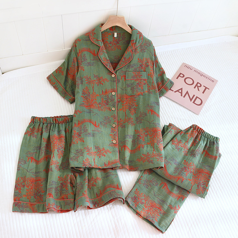 A variety of yarn-dyed vintage jacquard cotton pajamas three-piece spring and summer short-sleeved home clothes casual summer suit trousers