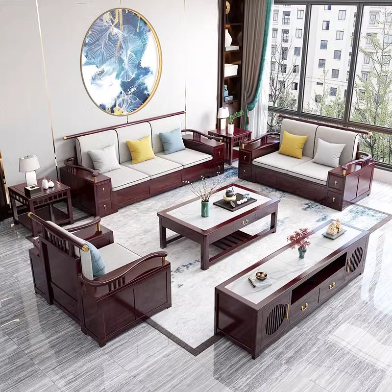New Chinese style solid wood sofa combination living room furniture complete set of small and medium-sized apartment simple winter and summer dual-use sofa removable and washable