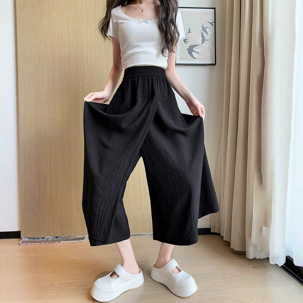 Серые женские брюки-кюлоты Yamamoto, новинка 2025 года, летние тонкие драпированные маленькие девятиточечные широкие брюки из ледяного шелка с высокой талией